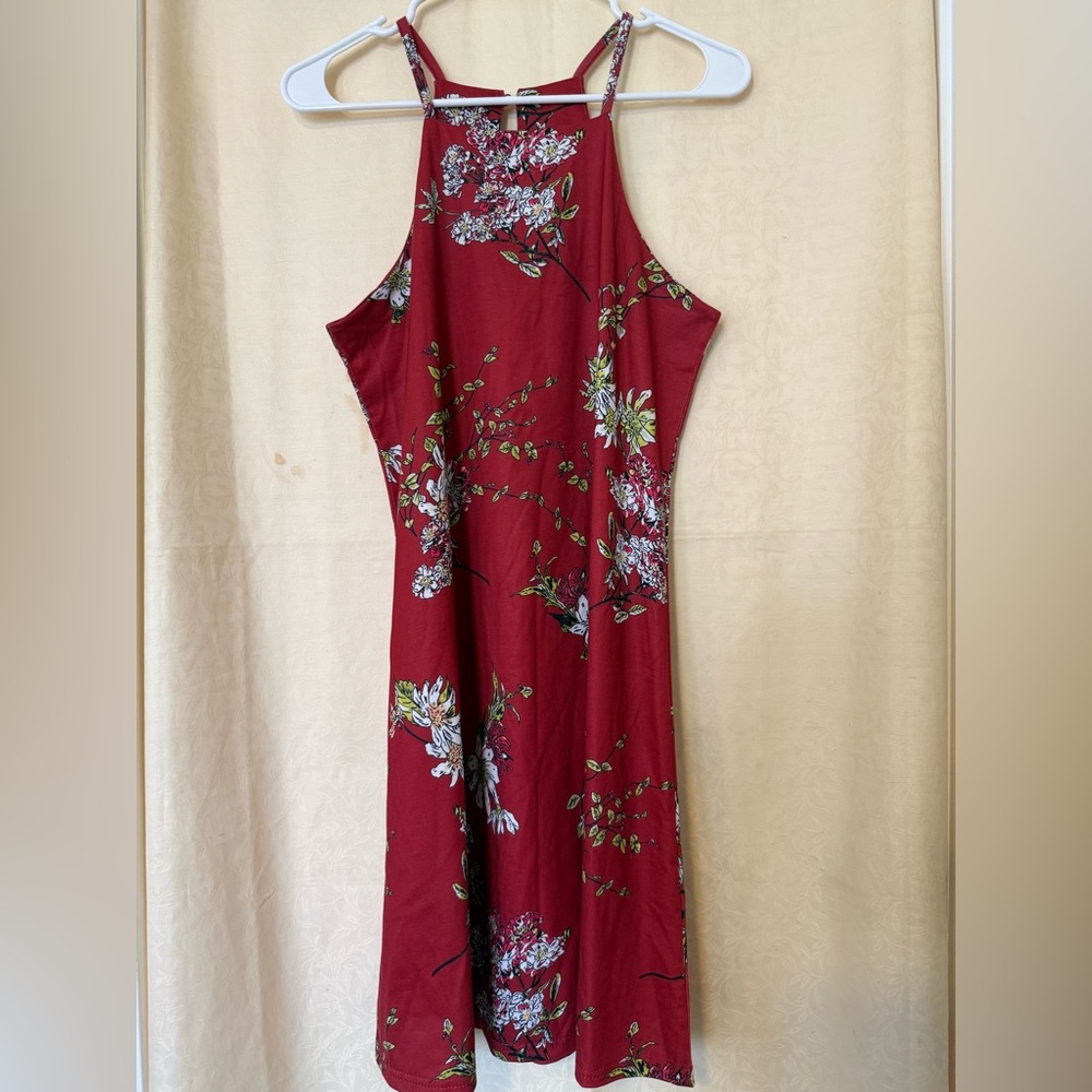 Burgundy Floral Print Dress, Women’s Size Medium, High Neck, Stretchy Knit Dress - Picture 2 of 8